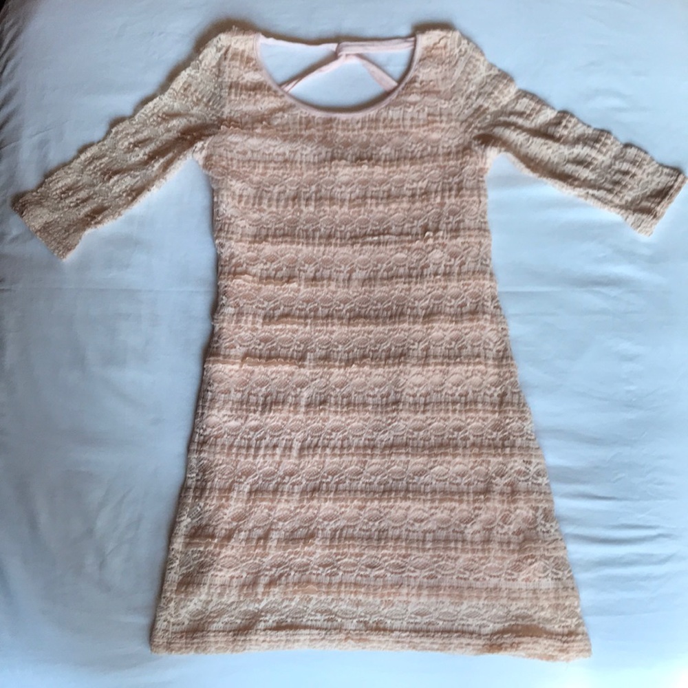 Peach lined lace mini dress w/crisscross back